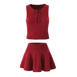 Damen Sexy Strick Polyester Zweiteiler Ärmellos Schleife Weste Und Hohe Taille Plissee Minirock Sommer Party Outfit