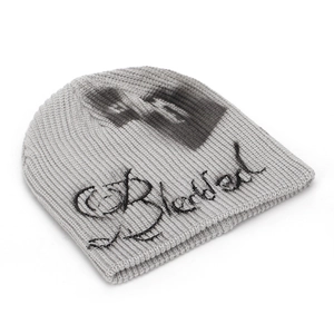 Street style light grey knitted beanie with black hand-drawn letter embroidery for women