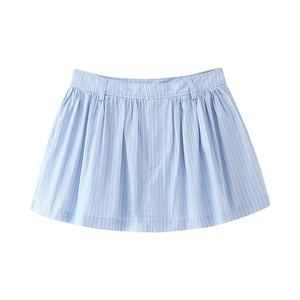 Detailed view of women A-line mini skirt featuring blue and white vertical stripes and pleats