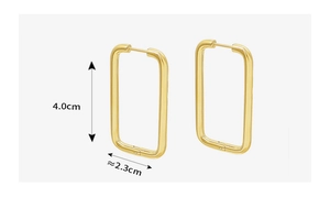 Detailed view of gold rectangular earrings with dimensions 4.0cm height and 2.3cm width