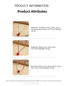 Detailed specs of three strawberry necklaces in pearl, cuban chain, and resin styles