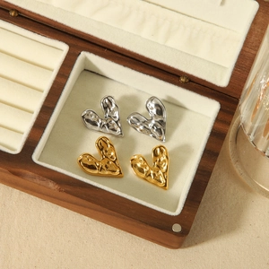 Boucles D'oreilles Coeur Acier Inoxydable Plaqué Or 18K Texture Martelée Irrégulière Lave Géométrique Rétro Femmes