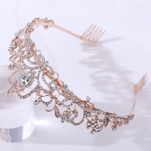 Luxury rose gold bridal crown featuring vine patterns, sparkling crystals and hair combs