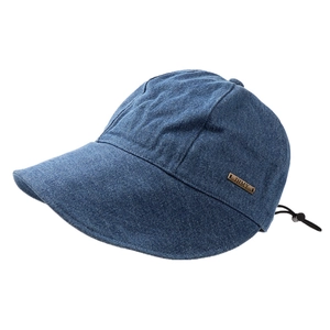 Blue denim wide brim bucket hat with adjustable cord and metallic side logo detail