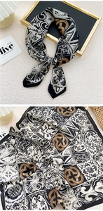 Detail of elegant retro crest print silk scarf with black, white and gold chain patterns