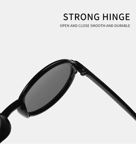Detail der robusten Metallscharniere an der übergroßen runden schwarzen Sonnenbrille