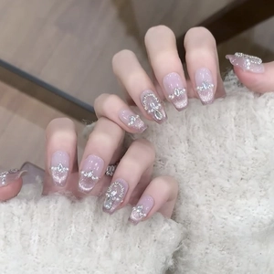 French Cat Eye Press On Nails Pink Purple Gradient Rhinestone Artificial Pearl Coffin Luxury Handcrafted Fake Nails For Women