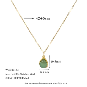 Detailed dimension guide for 18K gold plated necklace with green teardrop stone pendant