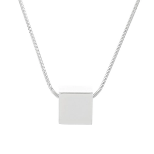 Minimalist stainless steel necklace featuring a polished silver cube pendant on a fine chain