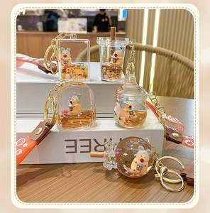 Detailed view of Capybara liquid glitter keychain in various bubble tea cup shapes