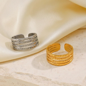 4-layer hammered 18K gold plated stainless steel open ring for women in gold and silver