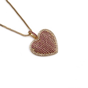 Exquisite gold heart necklace with red and clear zircons on a delicate box chain