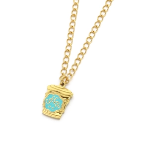 Golden stainless steel coffee cup pendant necklace with blue enamel and O-chain link