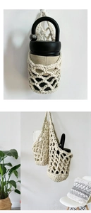 Macro view of handmade beige Macrame water bottle carrier with woven mesh texture