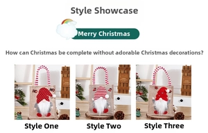 Detailed view of linen Christmas gift bags with 3D Swedish gnome and striped handles