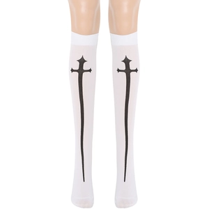 Detail of white over-knee socks with large black cross print for nun costumes