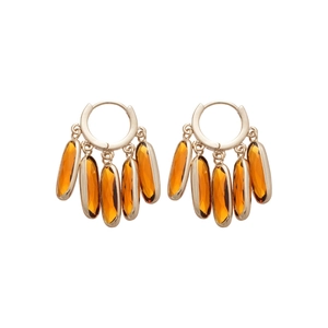 Retro gold hoop earrings with orange crystal oval tassel pendants in bohemian style