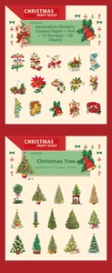 Detail view of gold-foil Christmas party stickers with 15 hand-drawn holiday patterns