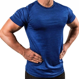 Detailed macro view of royal blue quick-dry athletic fabric with heathered texture on T-shirt