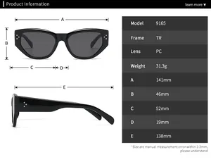 Detaillierte Abmessungen der Cat-Eye-Sonnenbrille einschließlich Rahmenbreite und Bügellänge
