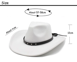 Detailed size chart for white wool felt jazz hat showing 9cm brim and 12cm crown height