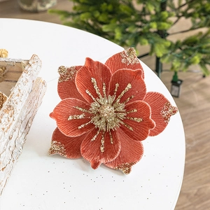Elegant brick red velvet artificial Christmas flower with gold glitter edges for decor