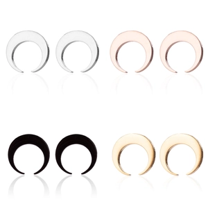 Minimalist stainless steel moon stud earrings set in silver, gold, rose gold and black colors