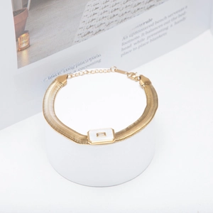 Elegant 18k gold plated stainless steel snake chain bracelet with shell and zircon inlay