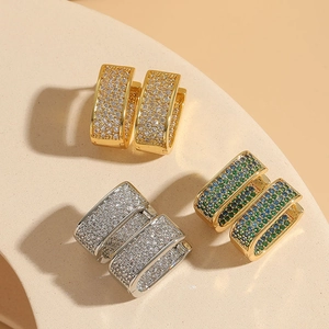 Rectangular Hoop Earrings For Women Luxury Copper Plated 14K Gold Cubic Zirconia Pave Square Huggies Minimalist Jewelry