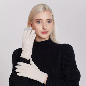 Guanti invernali in maglia di ciniglia da donna con dita touch screen in bianco crema
