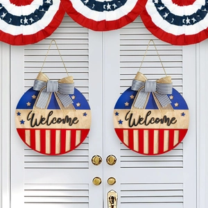Patriotic wooden Welcome door signs with red white and blue stars stripes and bows