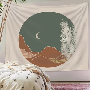 Minimalist bohemian wall tapestry with moon and mountain landscape in a bedroom setting
