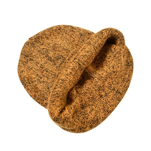 Winter knitted beanie in mustard yellow with heathered black texture and thick ribbed design
