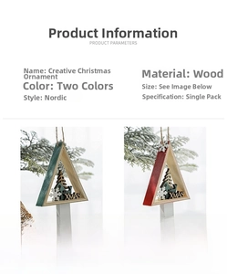 Detail of Nordic wooden triangle Christmas pendants with reindeer and Xmas motifs