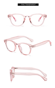 Vues sous trois angles de lunettes rétro roses transparentes montrant design et dimensions