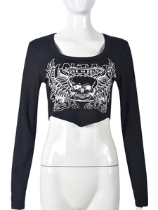 Women's black ribbed long sleeve crop top featuring gothic skull print and rock roll design
