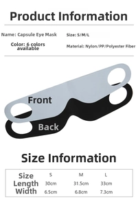 Size chart for breathable capsule sleep masks showing length and width in S, M, L