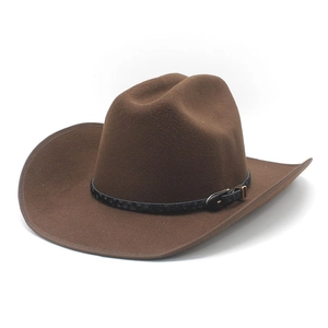 Classic brown felt cowboy hat with a black leather band and silver buckle on white background