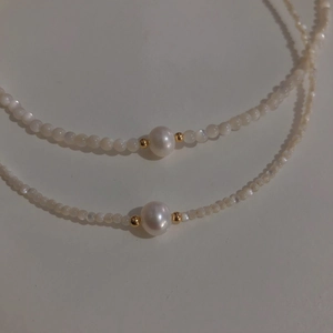 Elegant natural freshwater pearl necklace with cat's eye stone and 14K gold plated chain