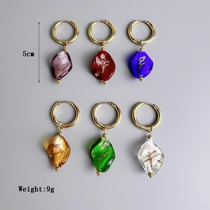 Water ripple 18K gold stainless steel earrings with colorful floral glass pendants