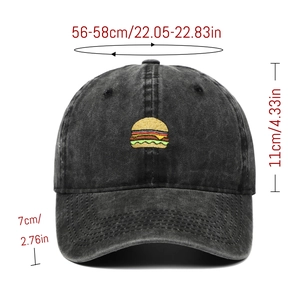 Front view of dark grey washed denim baseball cap with burger embroidery and size dimensions