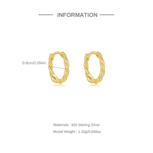 Detail view of 925 sterling silver twisted gold hoop earrings with size specifications
