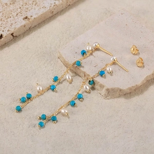 Detailed macro view of S925 silver fringe earrings with turquoise and freshwater pearls