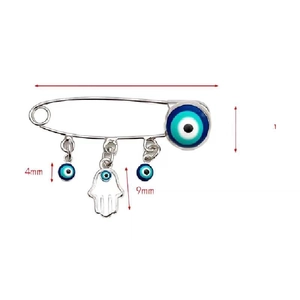 Detail view of Evil Eye and Hamsa Hand charm safety pin brooch with dimension measurements