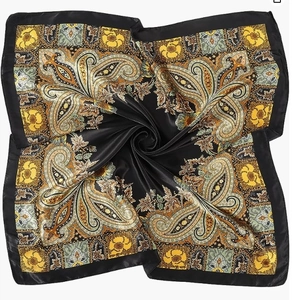 Elegant 90x90cm paisley satin square scarf in black and gold with silky glossy finish
