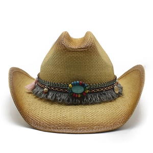 Ethnic western cowboy straw hat with turquoise bead band and bohemian woven details