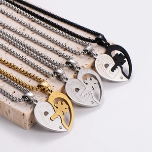 Three pairs of heart puzzle couple necklaces in silver, gold, and black stainless steel