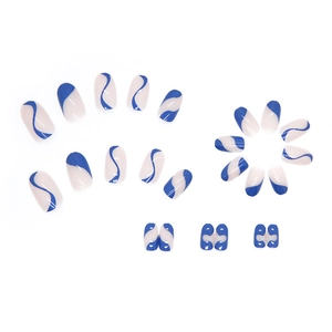 Blue and white wave pattern round press-on nails set with various sizes on white background