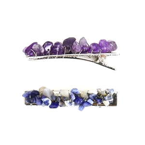 Natural crystal stone hair clip set with amethyst and sodalite on silver metal clips