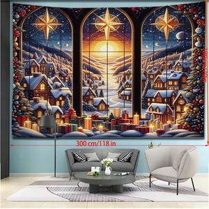Detail showing 300x180cm Christmas tapestry dimensions in a cozy living room setting
